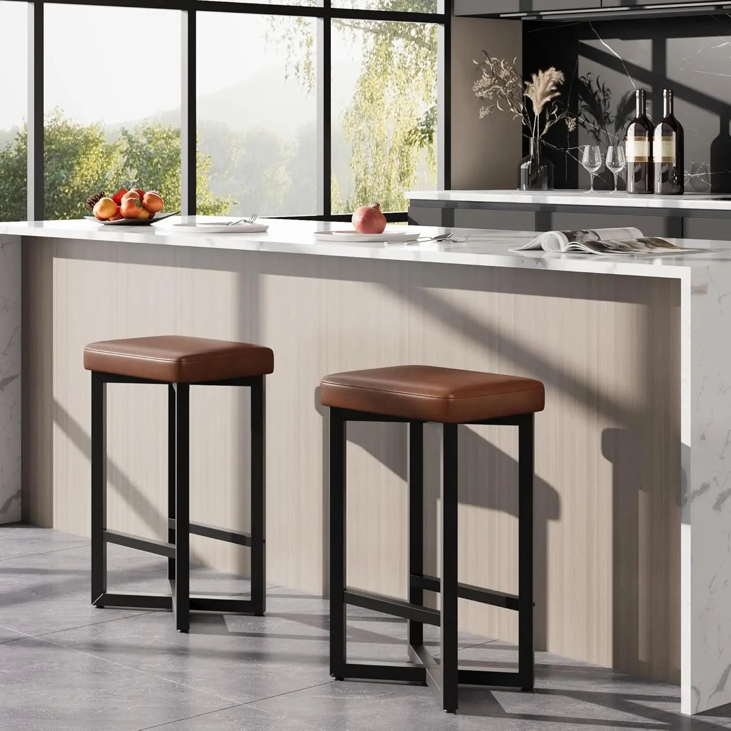 2PCS 24" Bar Stools Set Counter Height Backless Barstools with Metal X-Frame PU Leather Seats for Home Kitchen Bar Dining Room