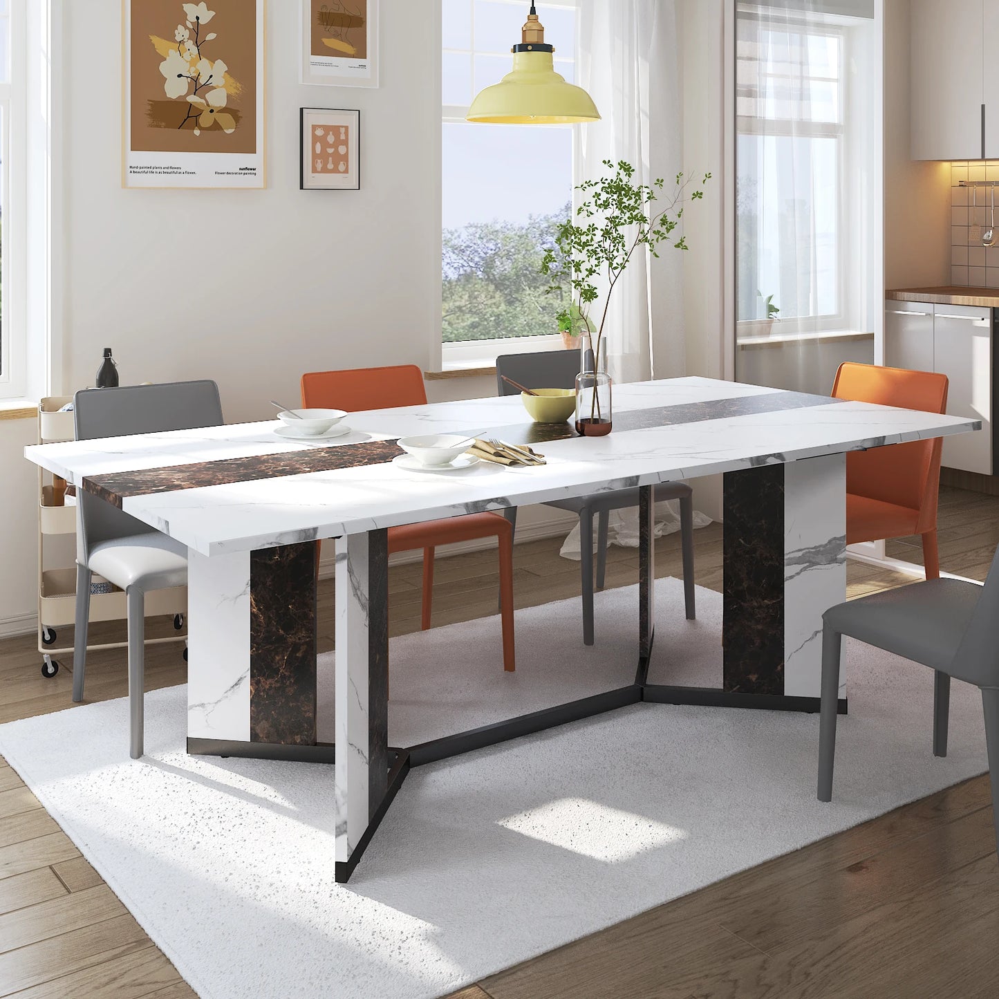 QiaoShiRen Modern Rectangular Wooden Dining Table With Metal Legs