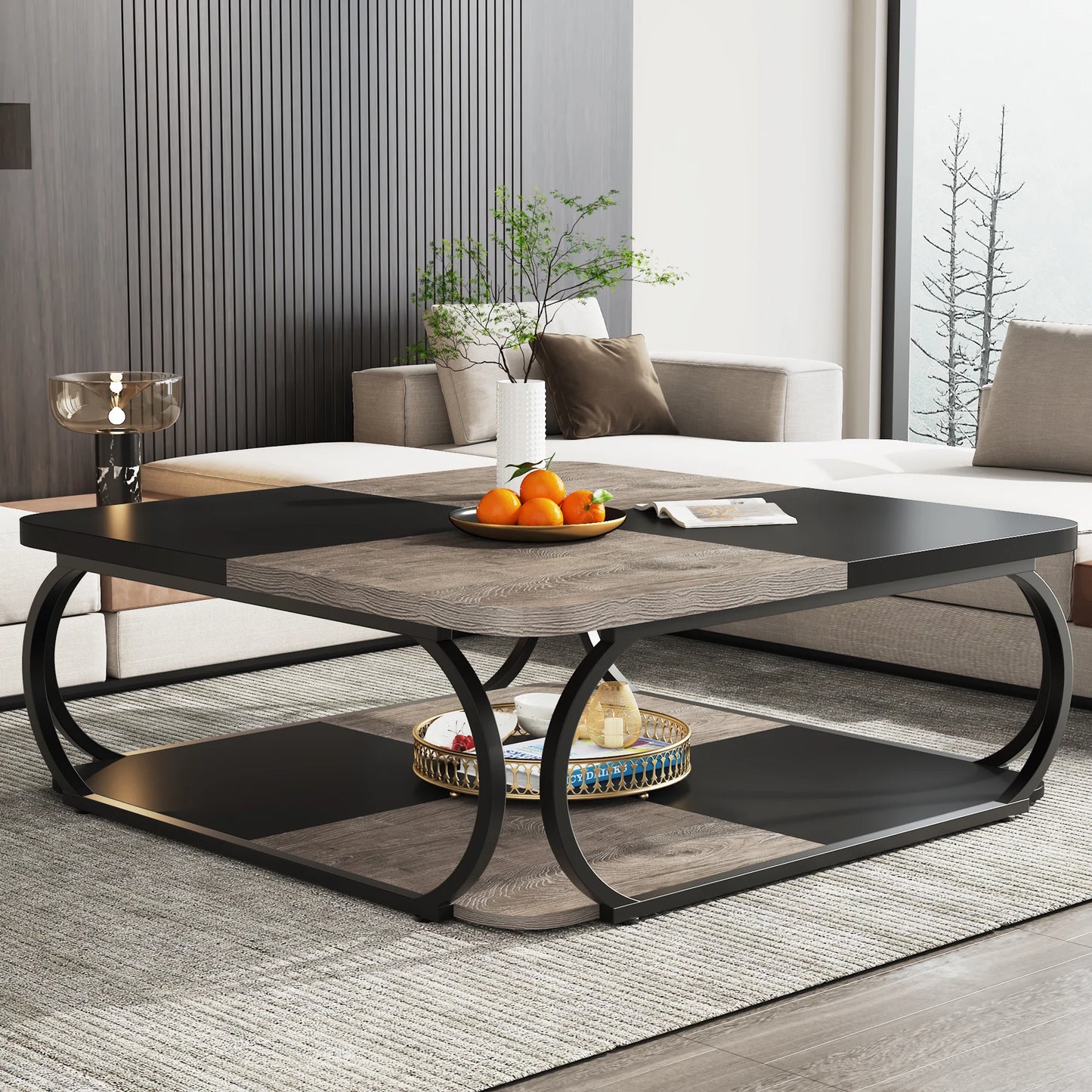 Tribesigns Square Coffee Table With Two Tiers And Metal Frame