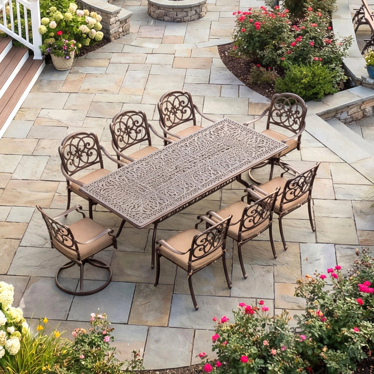 9-Piece Outdoor Patio Dining Set for 8 with Umbrella Hole, 86.6" Oval Cast Aluminum All-Weather Outdoor Table and Chairs with Cu
