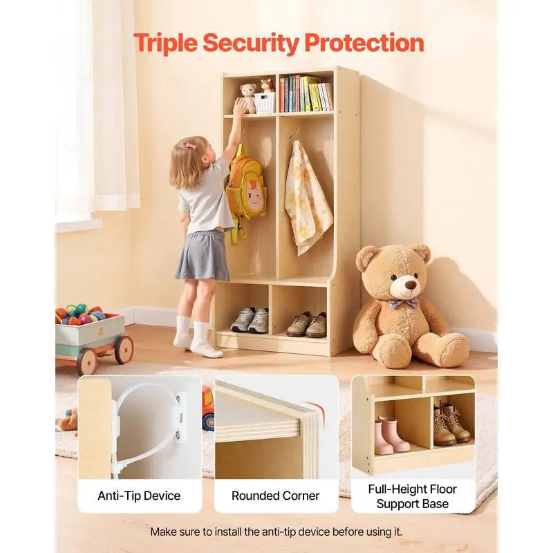 2-Section Kids Coat Locker, Wooden Toddler Cubby Storage Organizer with 4 Hooks & Anti-Tip Kit, Modern Kid Coat Cubbies with 4 Small Open Storage Boxes for Home, Kindergarten, Daycare, Natural