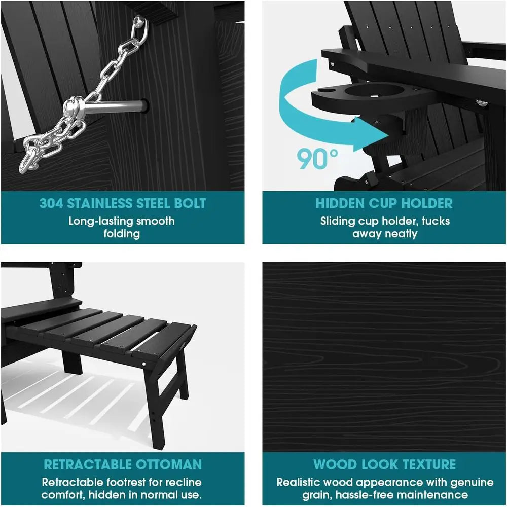 Outdoor Folding Adirondack Chair With Ottoman And Cup Holder