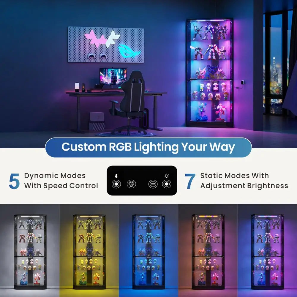 Corner Display Cabinet with RGB Lights and Glass Doors,5Tier Showcase Display Case with Glass Shelves amp Human Body Sensor,Cor