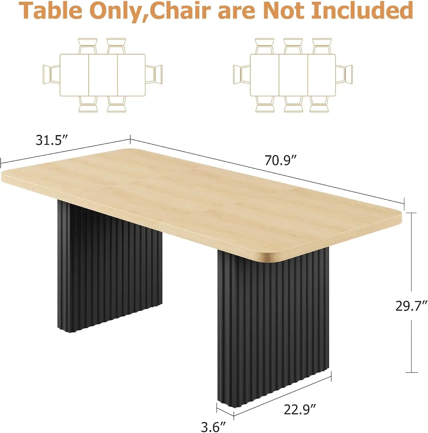 Modern Dining Table for 6-8, 71" Rectangular Farmhouse Kitchen Table with 3.6"×22.9" Black Fluted Wave Metal Legs & Wooden Top, Large Dining Table for Home Office, Dining