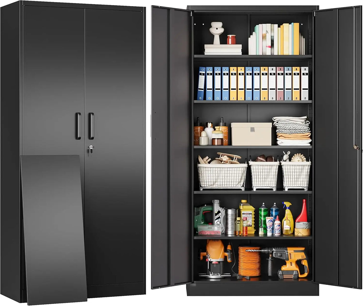 Metal Storage Cabinet with 2 Doors and 6 Shelves Black Metal Cabinet with Lock 71 Lockable Garage Storage Cabinets Locking