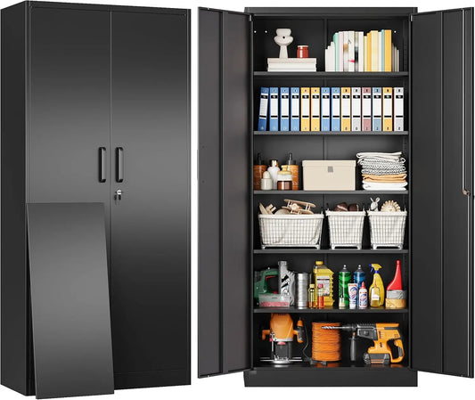 Metal Storage Cabinet with 2 Doors and 6 Shelves Black Metal Cabinet with Lock 71 Lockable Garage Storage Cabinets Locking