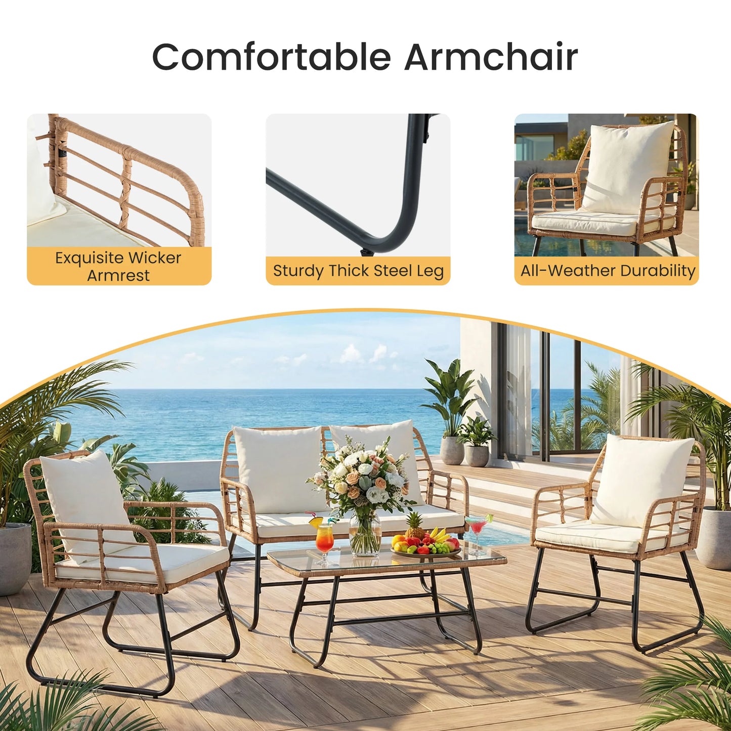 Outdoor Wicker Patio Furniture Set with Cushions and Glass Table
