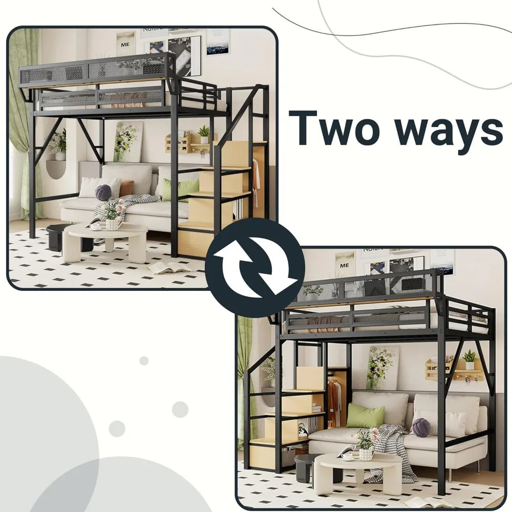 Metal Loft Bed With Stairs And Wardrobe Storage Shelves