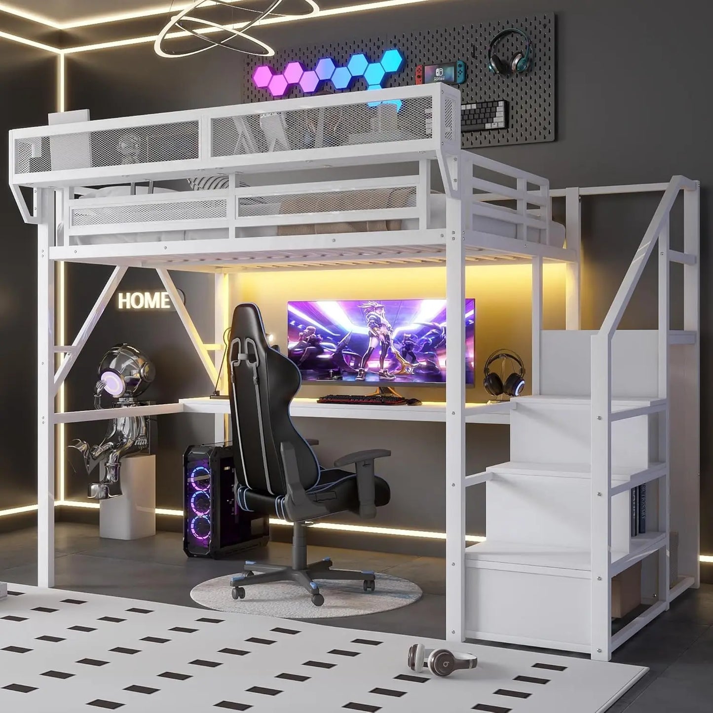 Metal Loft Bed With Stairs And Wardrobe Storage Shelves