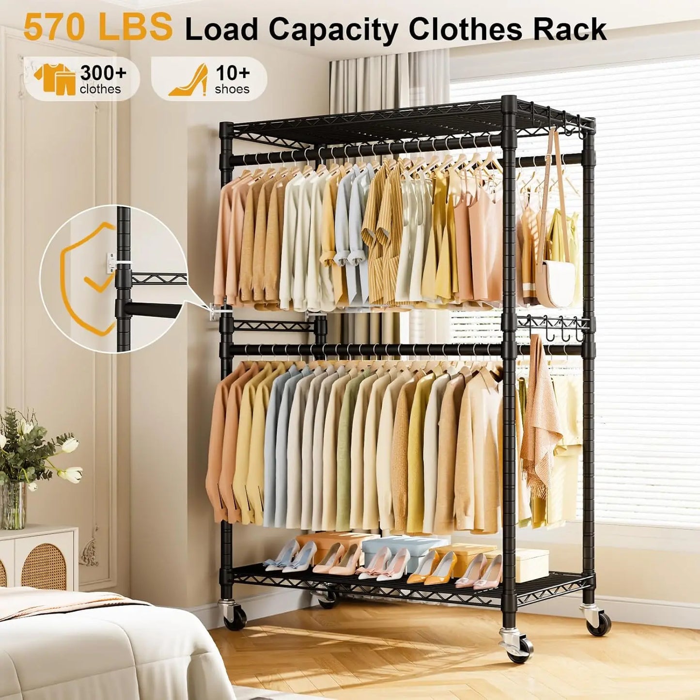HOME P4 Plus Rolling Clothes Rack Heavy Duty, Clothing Racks for Hanging Clothes, Free Standing Garment Racks with Wheels, Po