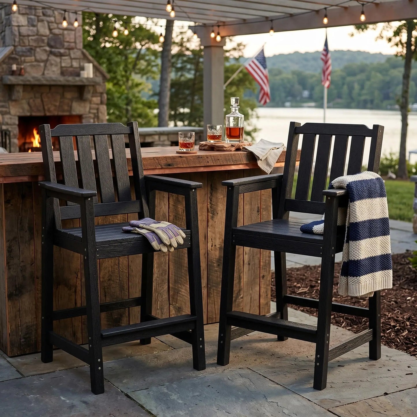 Outdoor Patio Bar Height Chair Set of 2, All-Weather HDPE Bar Height Barstools Widened Chair Set, Adirondack Chairs Set with Widened Armrests for Garden, Poolside, Bistro