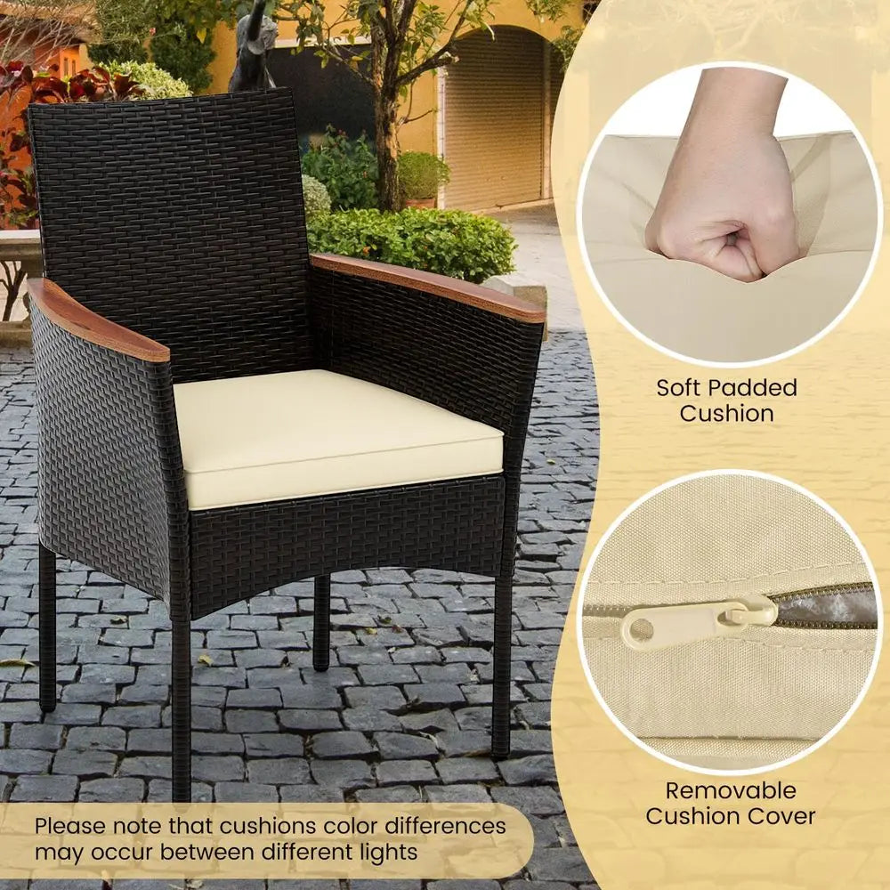 Outdoor Dining Set for 6, PE Rattan Wicker Patio Furniture Set with Wood Table amp Cushioned Armchairs, 1.96 Umbrella Hole, -HOT