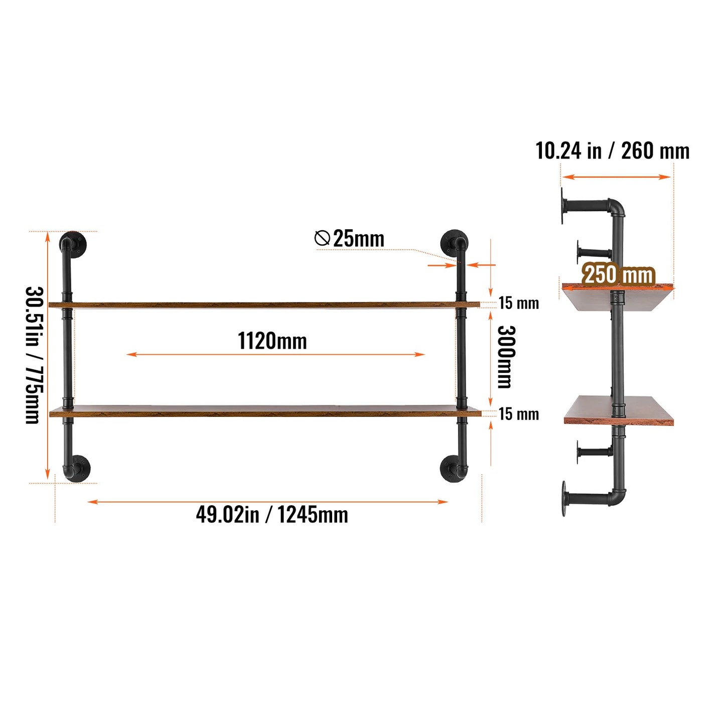 Industrial Pipe Shelf Wall Mount Rustic Wood Shelves Bracket Rack