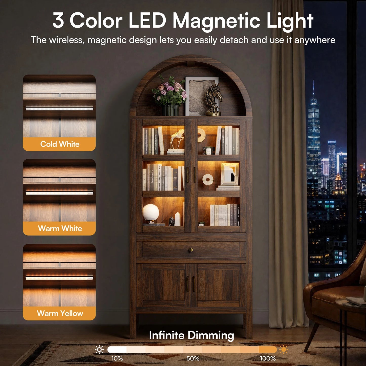 Cottinch Arched Wood Bookcase With Adjustable Shelves And Dimmable LED Lights