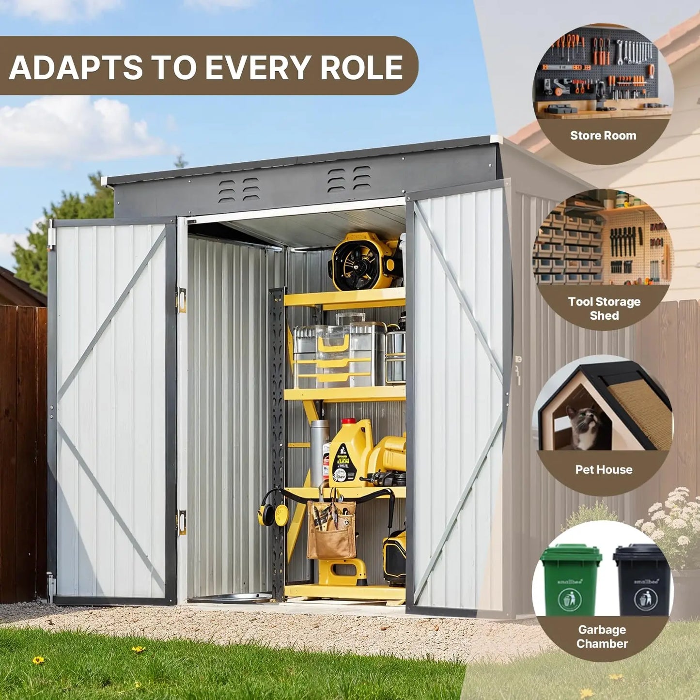Outdoor Metal Storage Shed With Double Lockable Doors Waterproof