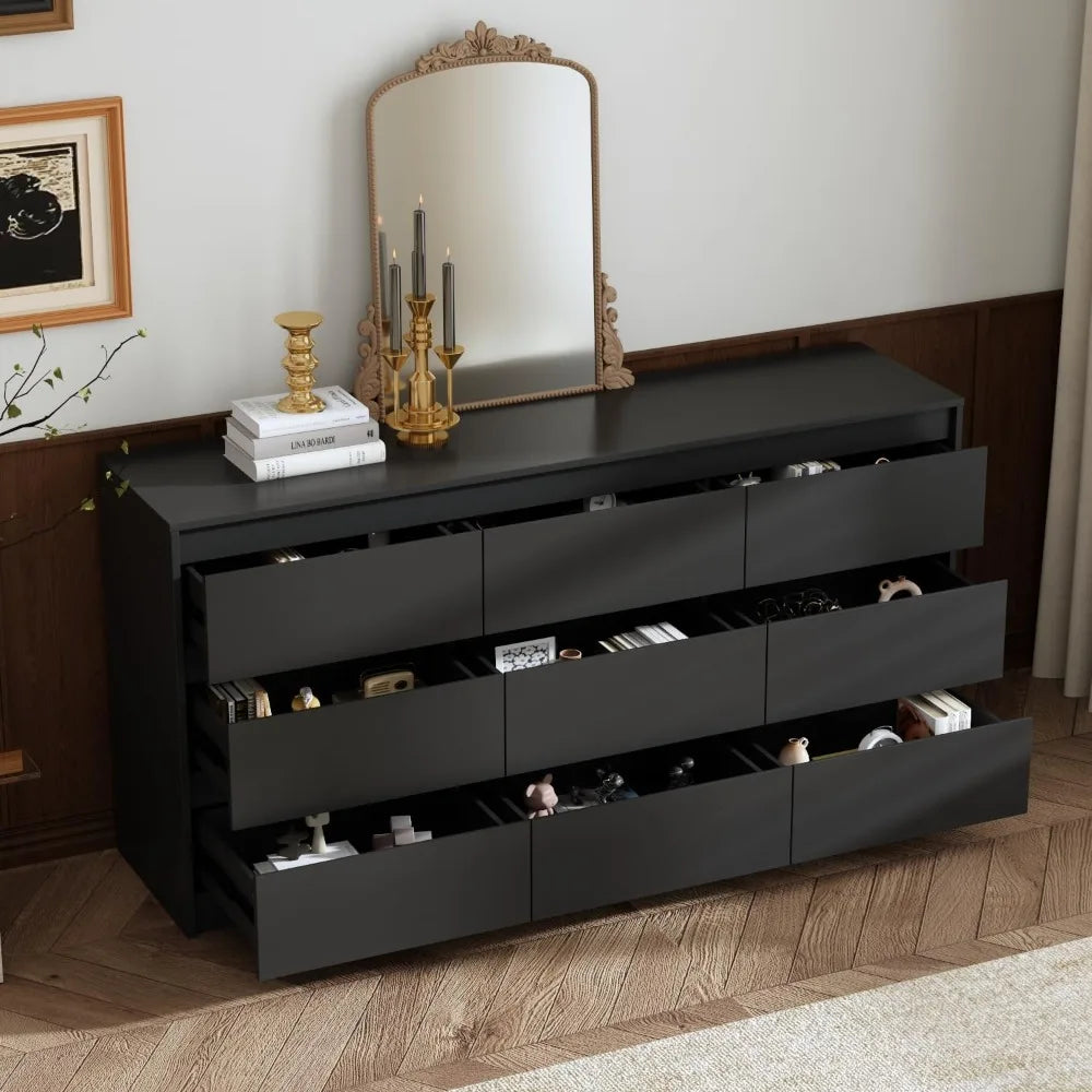 Dresser for Bedroom with 9 Deep Drawers, Large Modern Chest of Drawers Handle Free, Freestanding Black Long Dressers