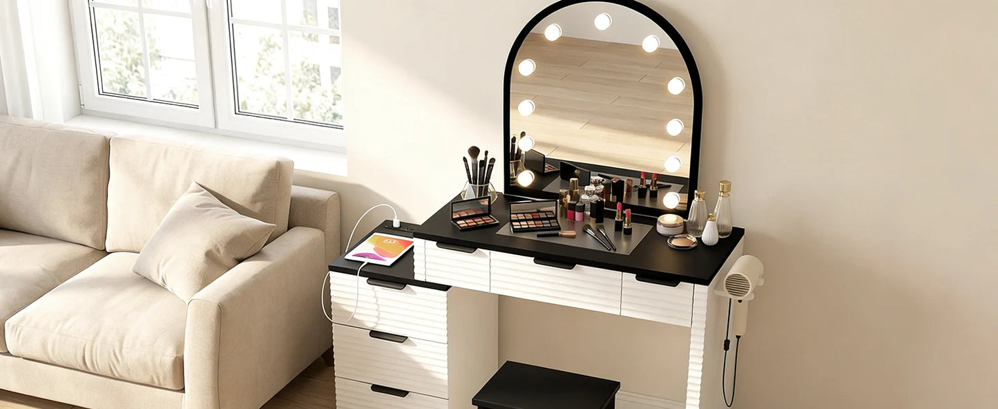 Vanity Desk Chair Set With Mirror Light And Power Outlet