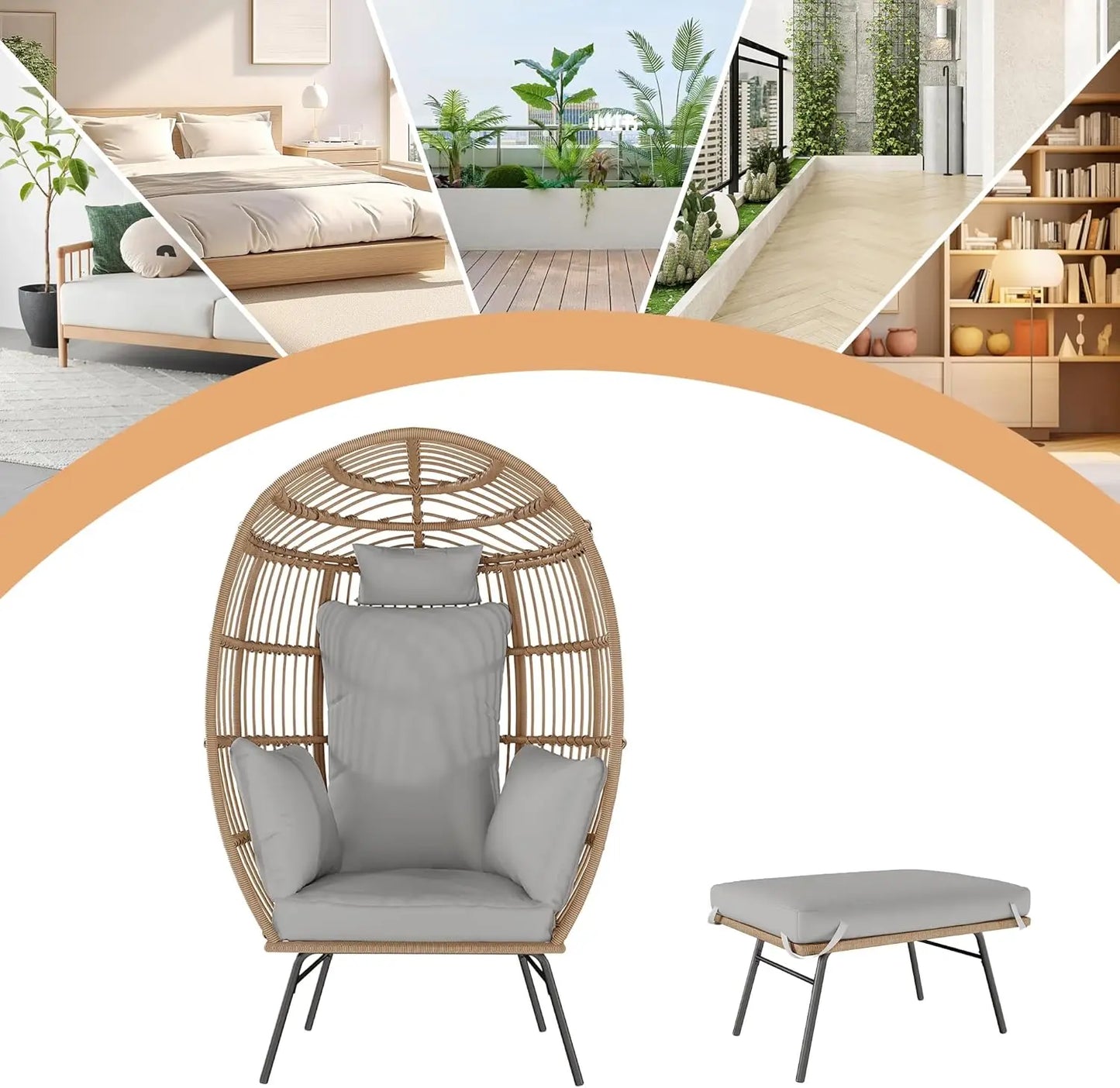 Wicker Egg Chair With Ottoman For Outdoor Patio Cushions
