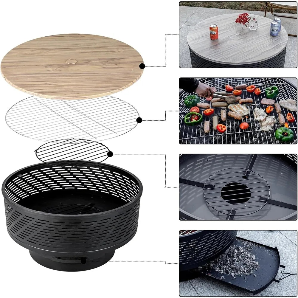 32" Wood Burning Fire Pit with Grill & Lid, Outdoor Firepit Table for BBQ, Bonfire, Patio Heater, Waterproof Cover