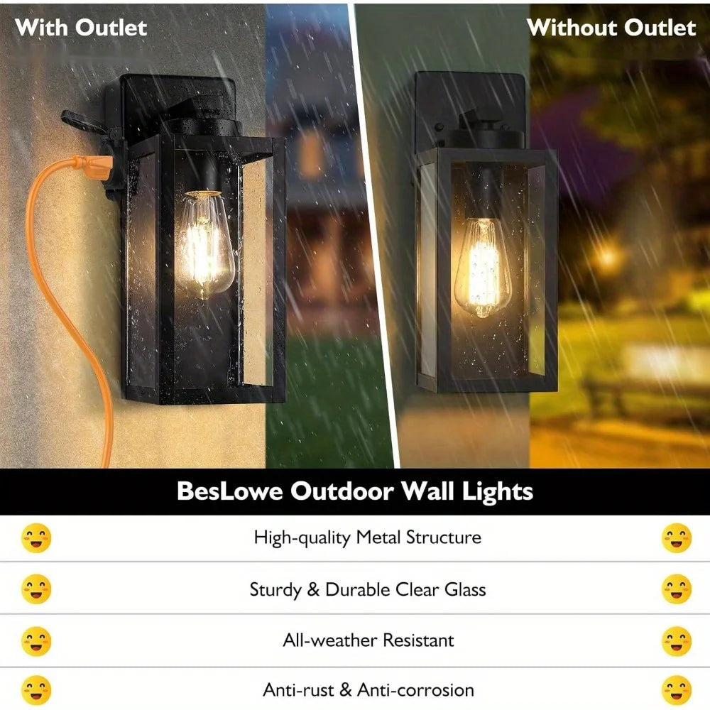 2-Pack Porch Lights Outdoor with Outlet, Modern Outdoor Wall Lights Exterior Lighting Fixtures, Outdoor Wall Sconces Outside Lights for House Front Door Garage, Black