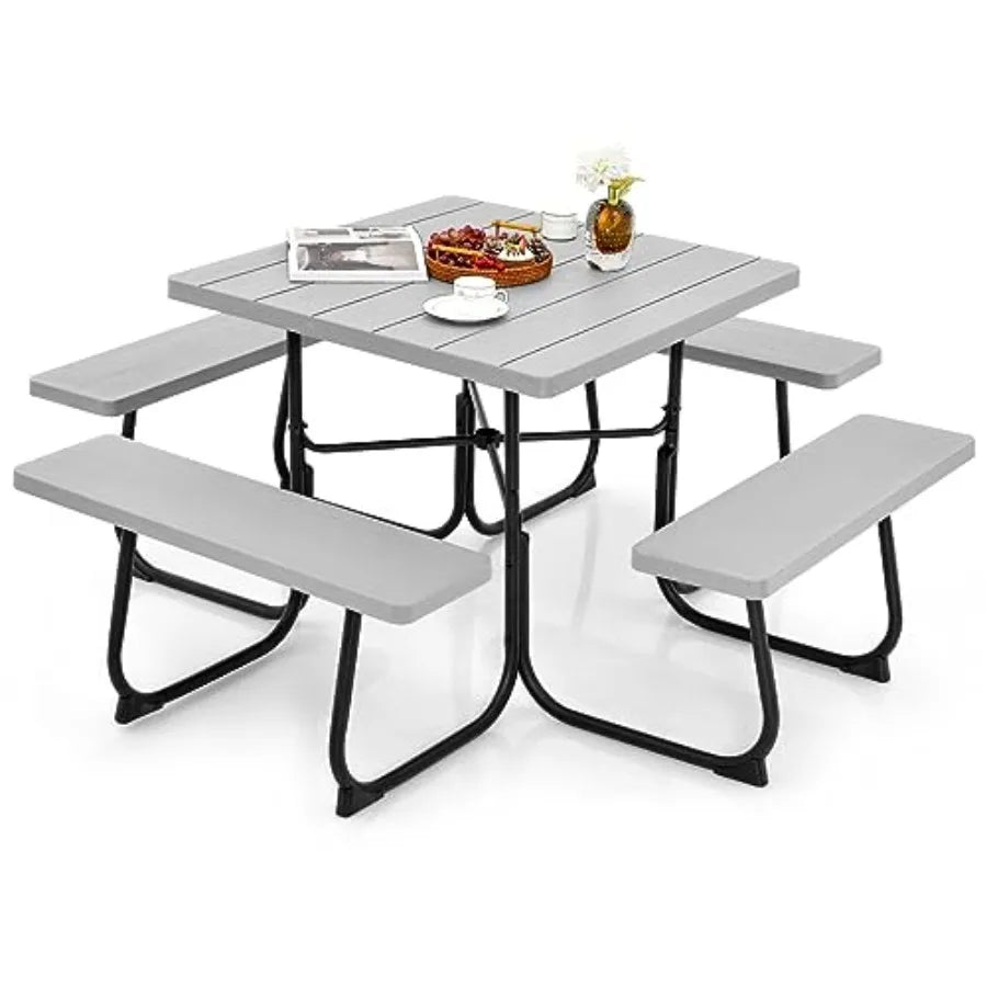8 Person Picnic Table, Outdoor Picnic Table with 4 Built-in Benches, Umbrella Hole, Metal Frame and HDPE Tabletop, Outside Tabl