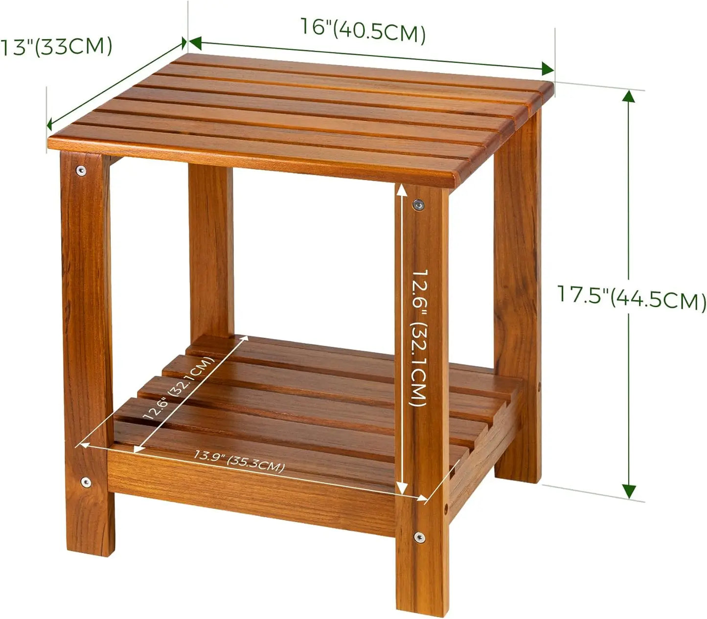 Teak Outdoor Side Table, Double Layer Patio End Table for Garden, Living Room, Couch, Two-Tier