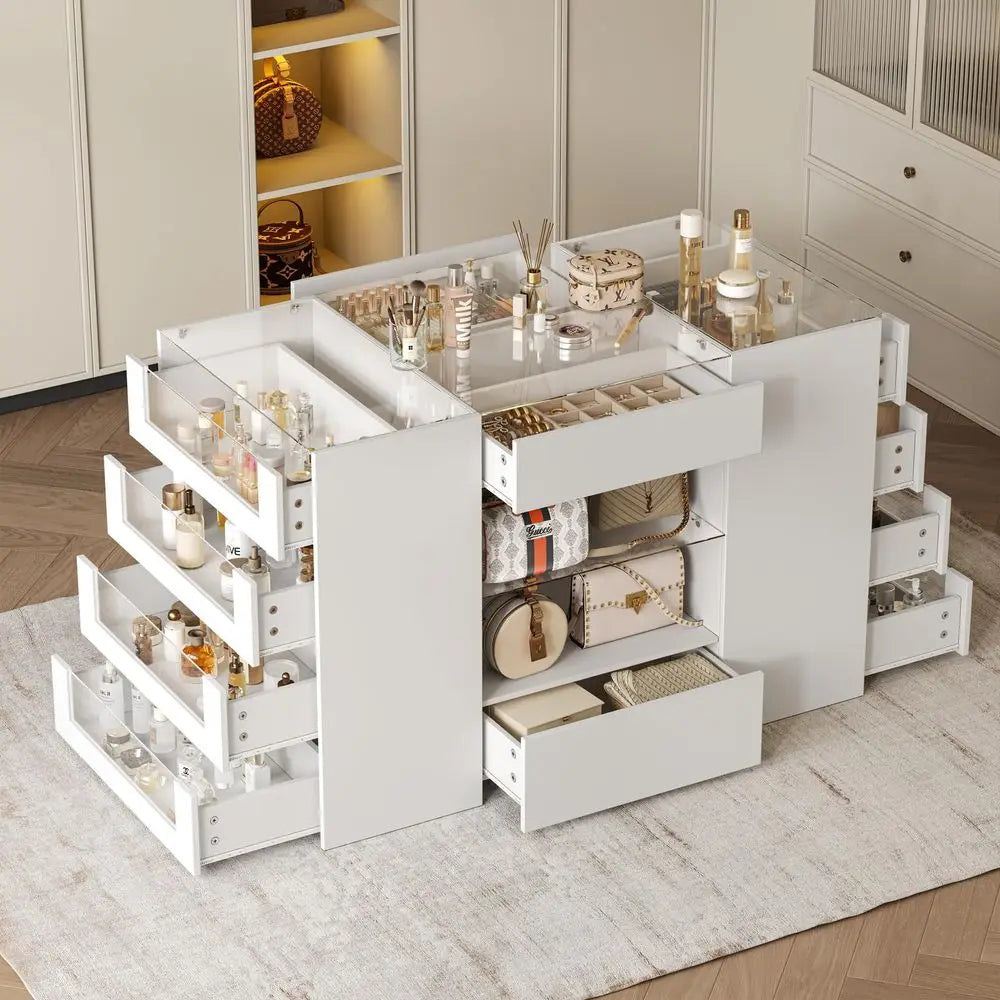 Closet Island with Drawers, Wardrobe Armoire Bedroom Island, Glass Display Shelf amp 12 Drawers, White Dresser with Glass Top,
