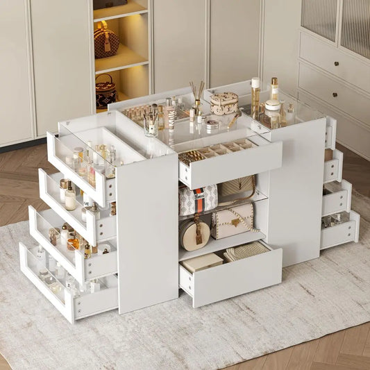 Closet Island with Drawers, Wardrobe Armoire Bedroom Island, Glass Display Shelf amp 12 Drawers, White Dresser with Glass Top,
