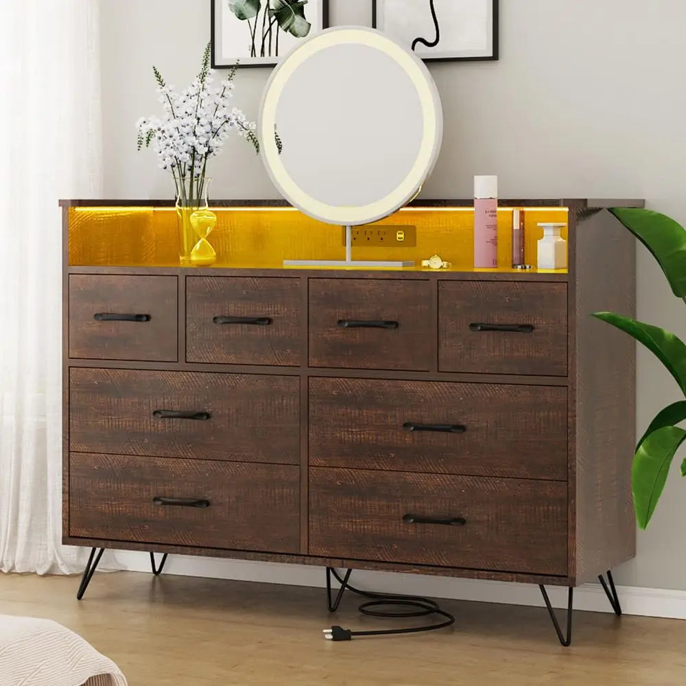 Dresser with Power Outlet and LED Lights, 8 Drawer Dresser for Bedroom, Modern Chest of Drawers with Gold Handles and Open Stor