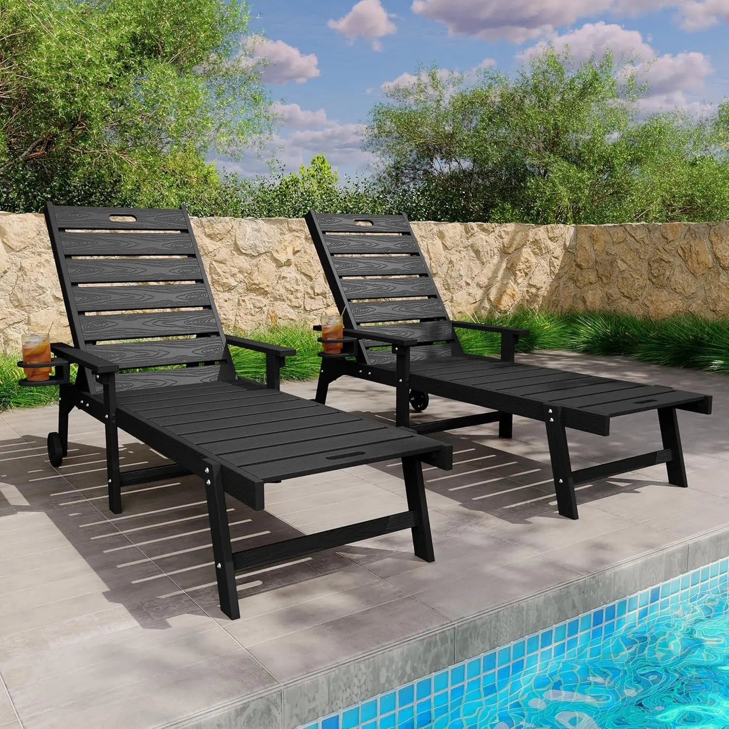 5-Level Adjustable All-Weather Outdoor Chaise Lounge Set of 2 with Cup Holders & Wheels for Patio Beach Deck, Custom