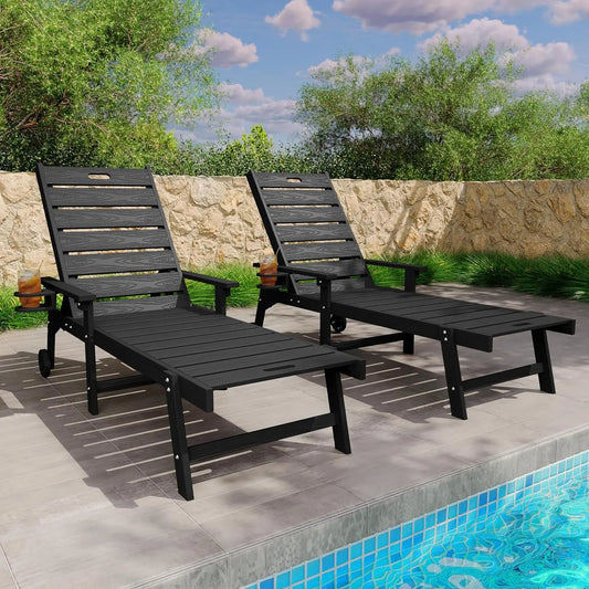 5-Level Adjustable All-Weather Outdoor Chaise Lounge Set of 2 with Cup Holders & Wheels for Patio Beach Deck, Custom