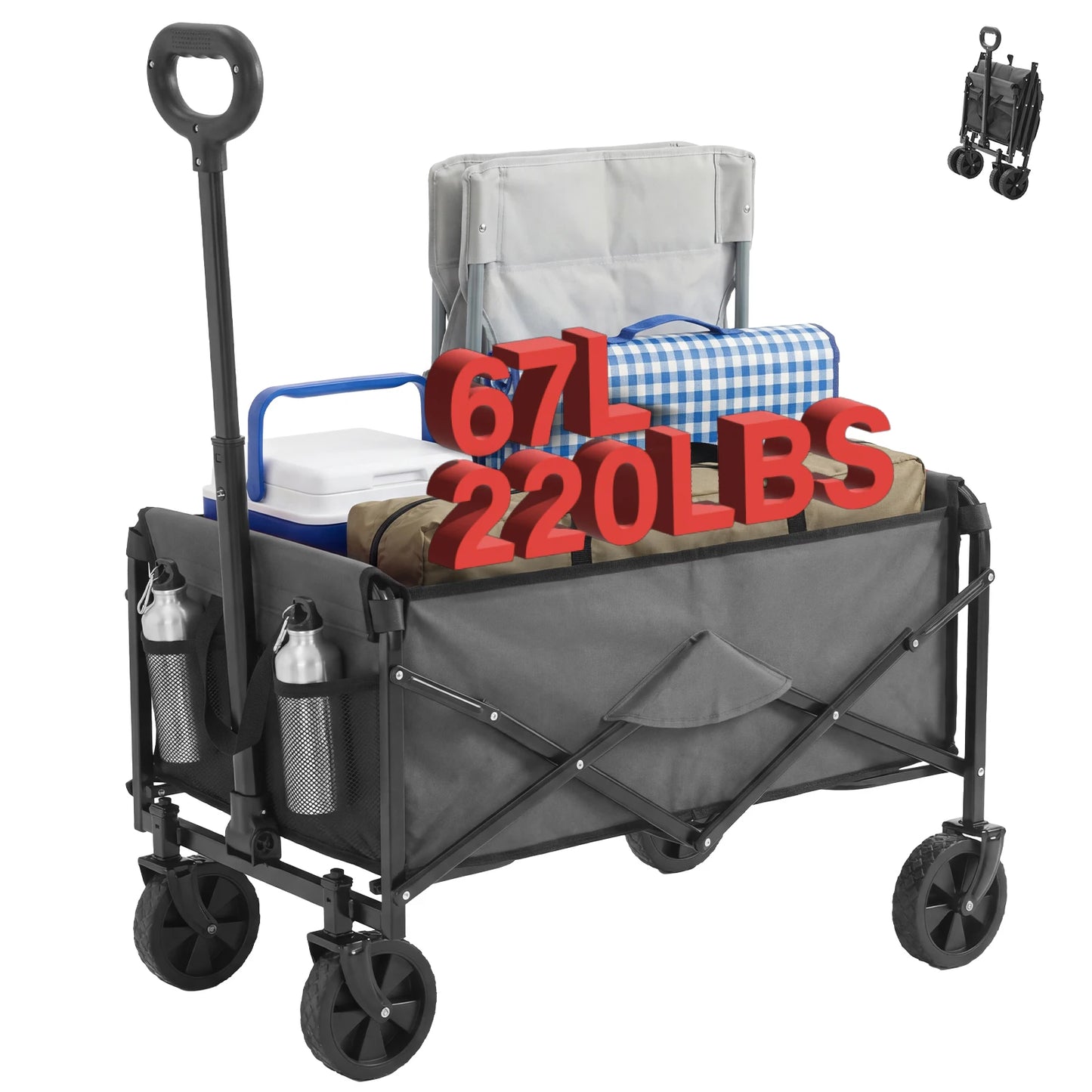 JHK 67L Heavy Duty Collapsible Wagon Cart Utility Folding Wagon with Wheels 220 lbs Weight CapacityFlexible Handle for Beach