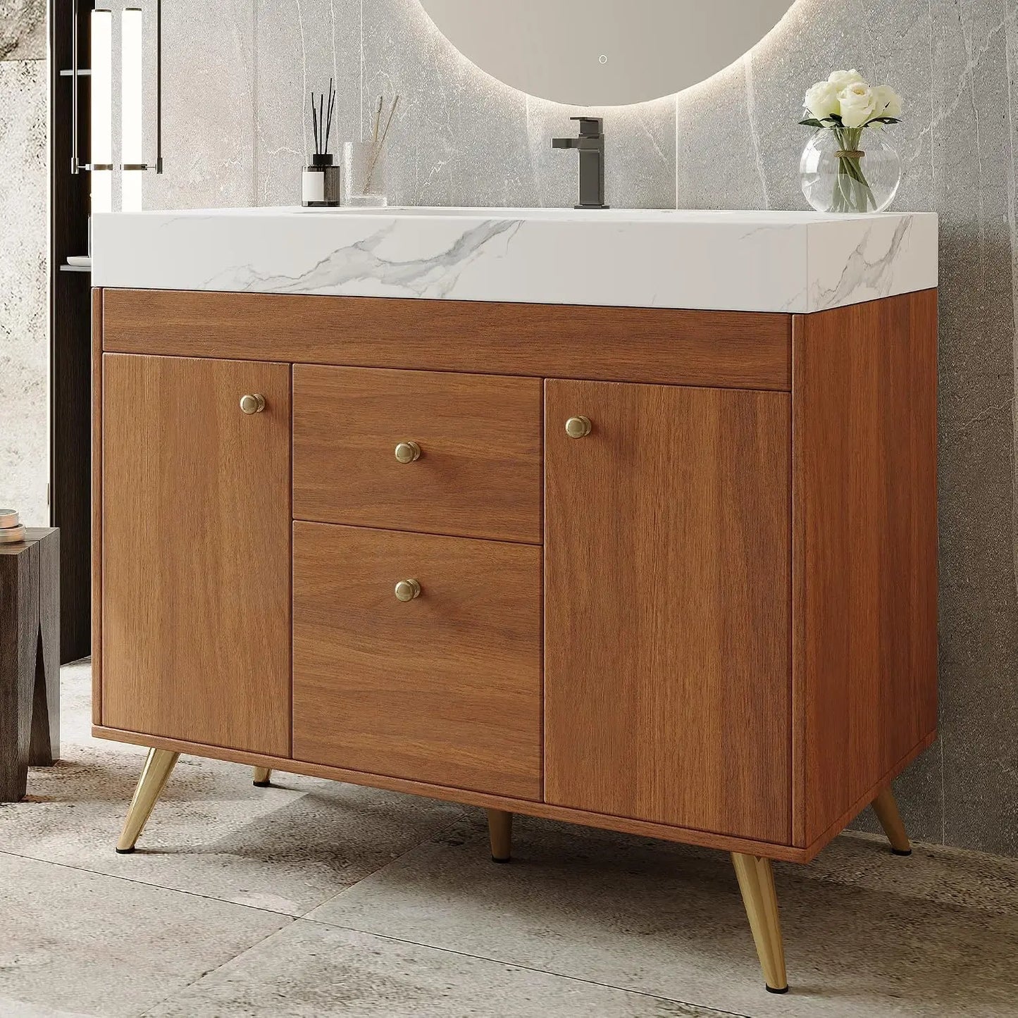 36" Freestanding Bathroom Vanity, Black & White | Ceramic Sink, Faux Marble Top, 5 Drawers, 2 Soft-Close Doors Cabinet, Custom
