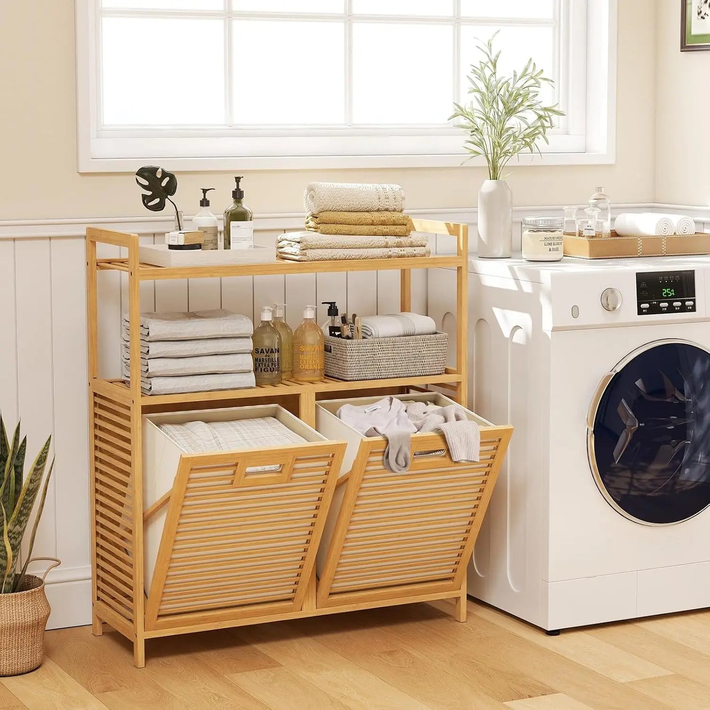 Double Tilt Out Laundry Hamper w/2-Tier Storage Shelf | 14 Gal Bamboo Laundry Storage Cabinet w/Removable Laundry Baskets, Laundry Sorter Organizer for Bathroom Living Room Bedroom