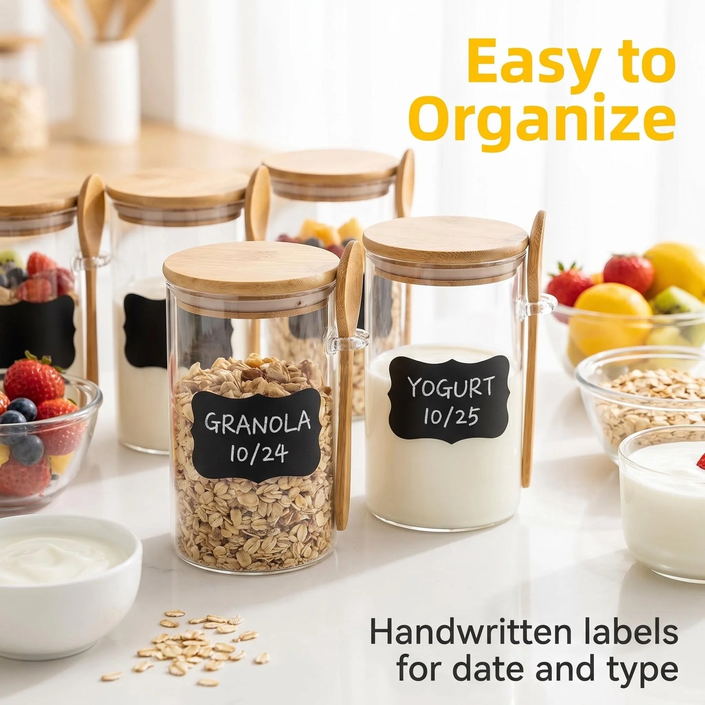 8 Pack Overnight Oats Glass Jars with Wooden Spoon, Airtight Glass Food Storage Containers, Reusable Yogurt Parfait Cups for Meal Prep, Cereal, Chia Pudding, Snack & Kitchen Pantry