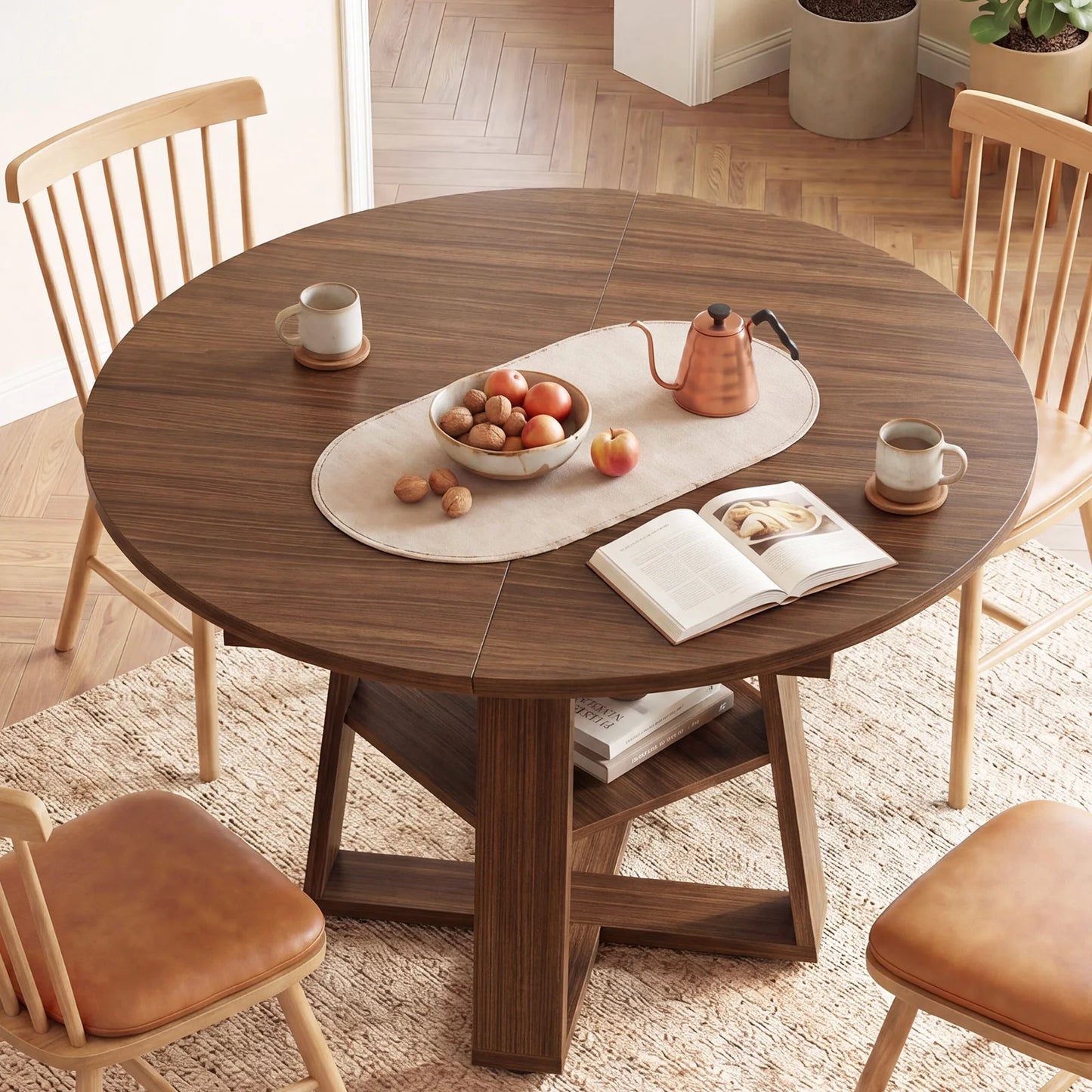 JHK Extendable Wood Round Dining Table With Storage Shelf