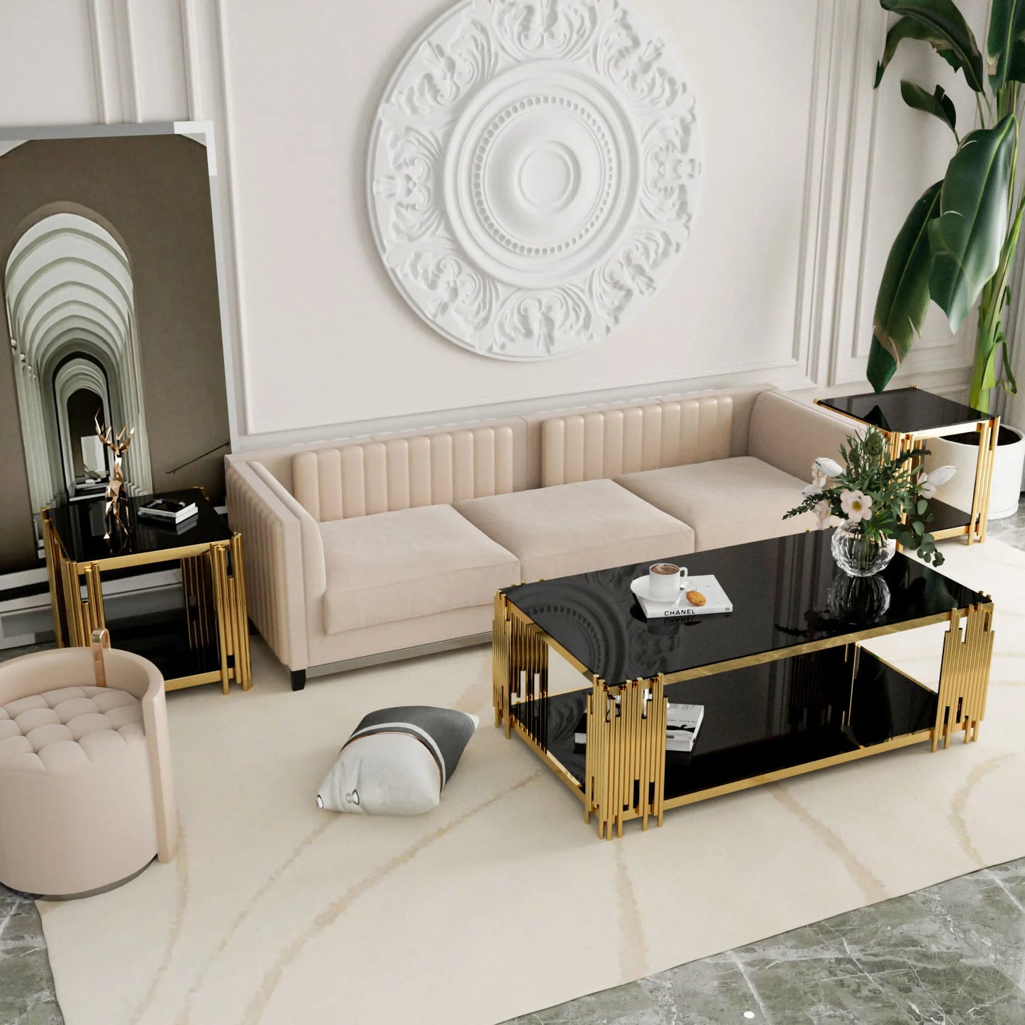 Modern Stainless Steel Rectangular Glass Coffee Table With Gold Legs