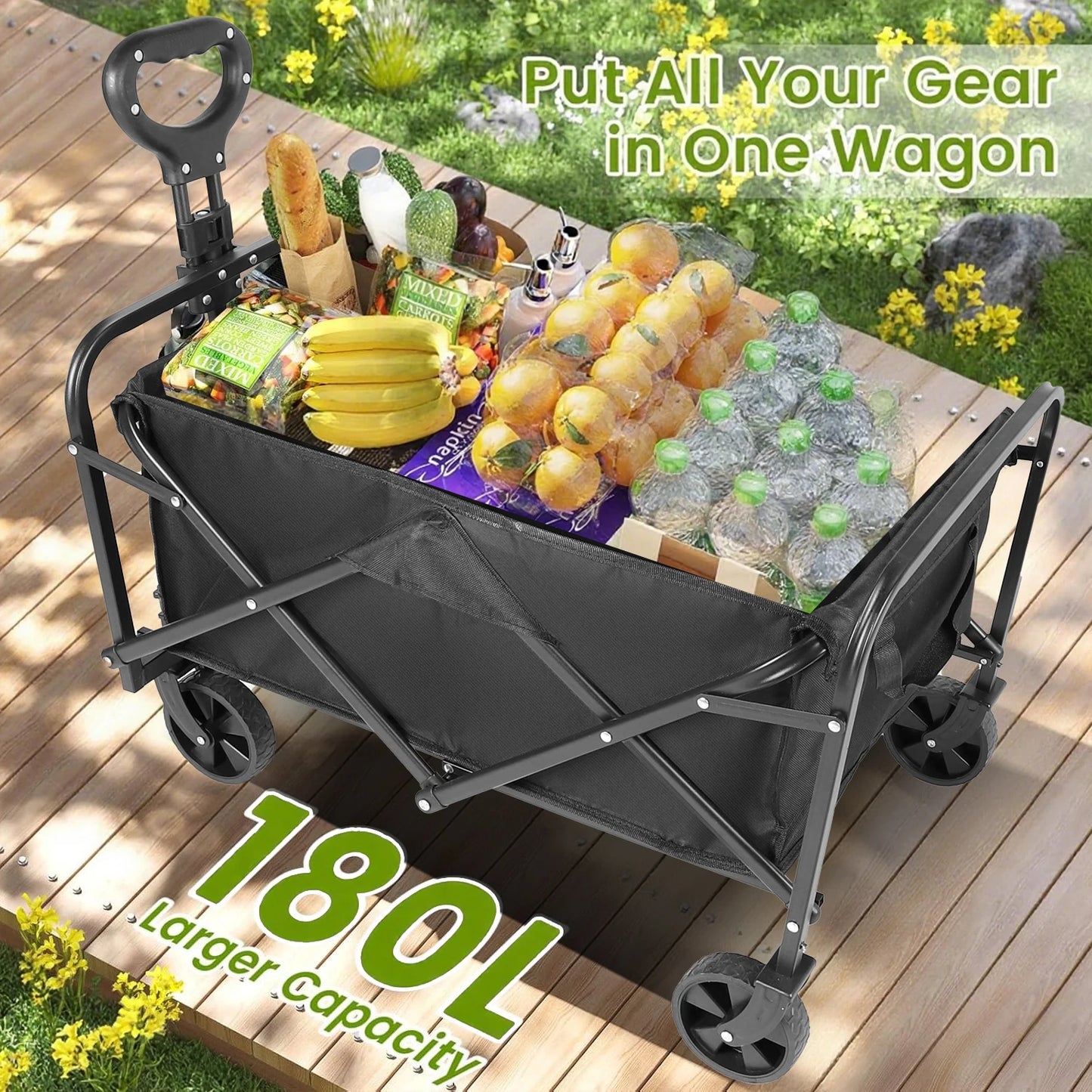Heavy Duty Foldable Wagon Cart With All Terrain Wheels And Drink Holders