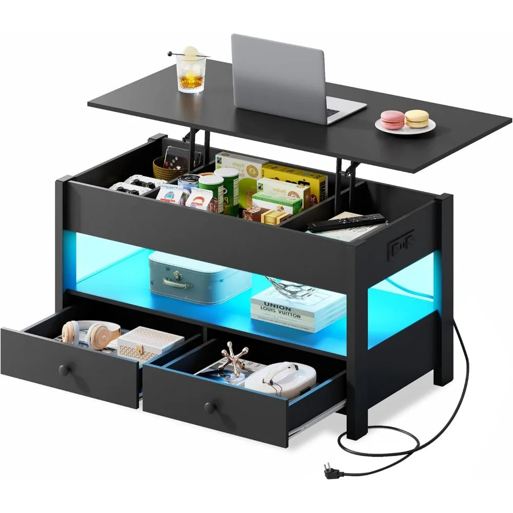 Lift Top Coffee Table With Drawers And LED Light Storage