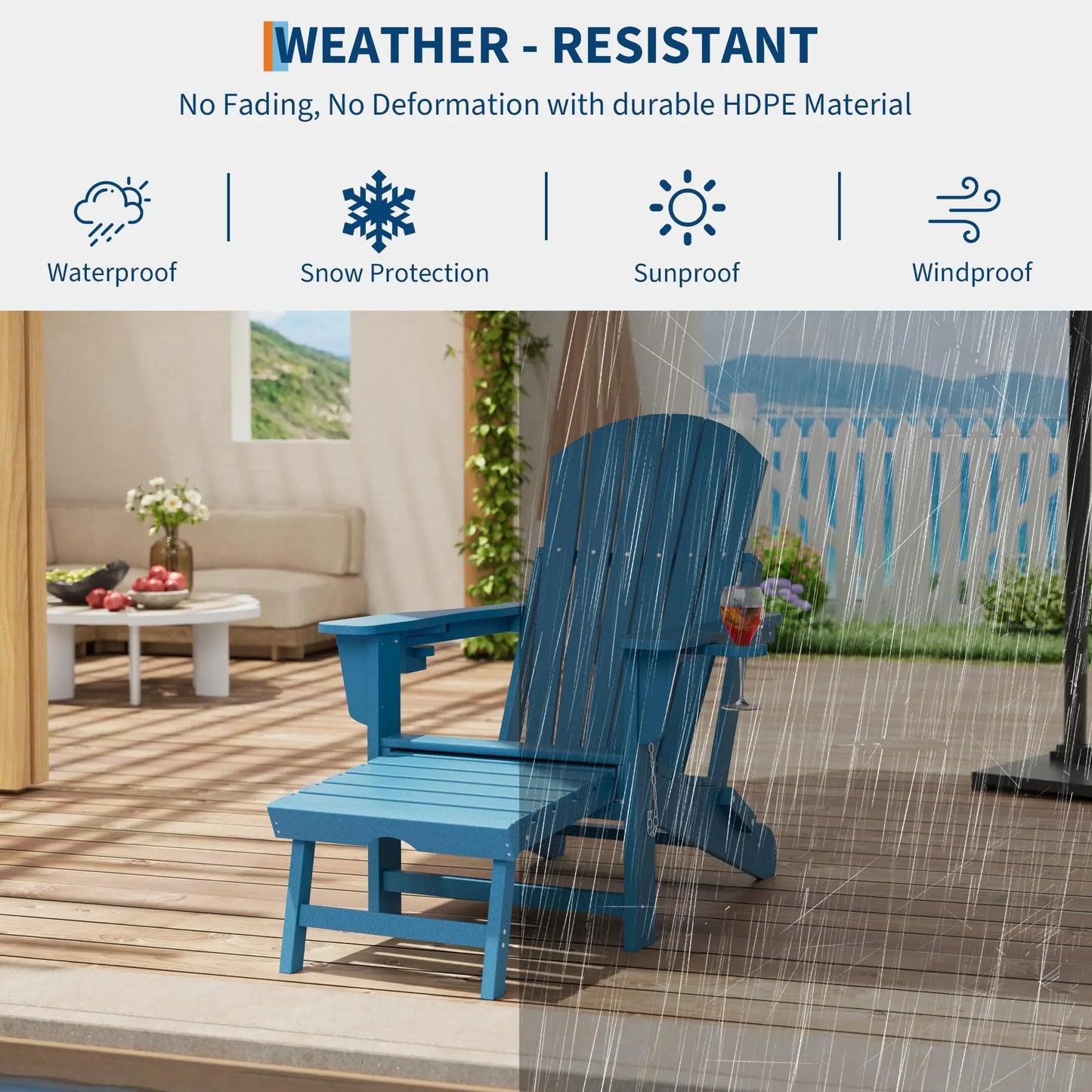 4-In-1 Adirondack Rocking Chair, HDPE All-Weather Folding Rocker With Retractable Ottoman Cup Holders, Outdoor Porch Patio Chair