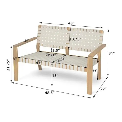 Outdoor Two-Person Bench Featuring Acacia Wood Frame And White Woven Rope Seating For Patio Garden Balcony Use