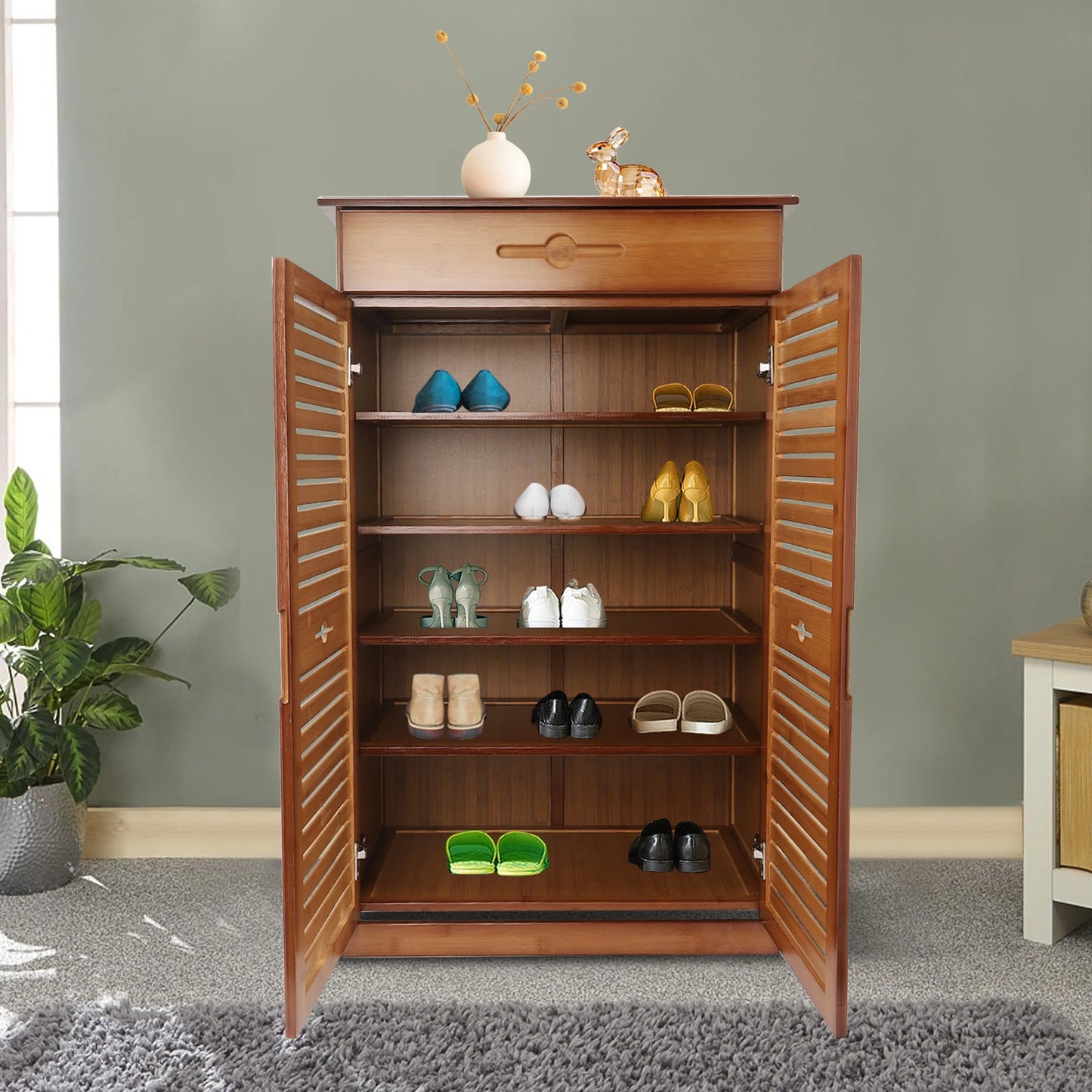 CNCEST 5-Tier Bamboo Shoe Rack with Drawer and Doors