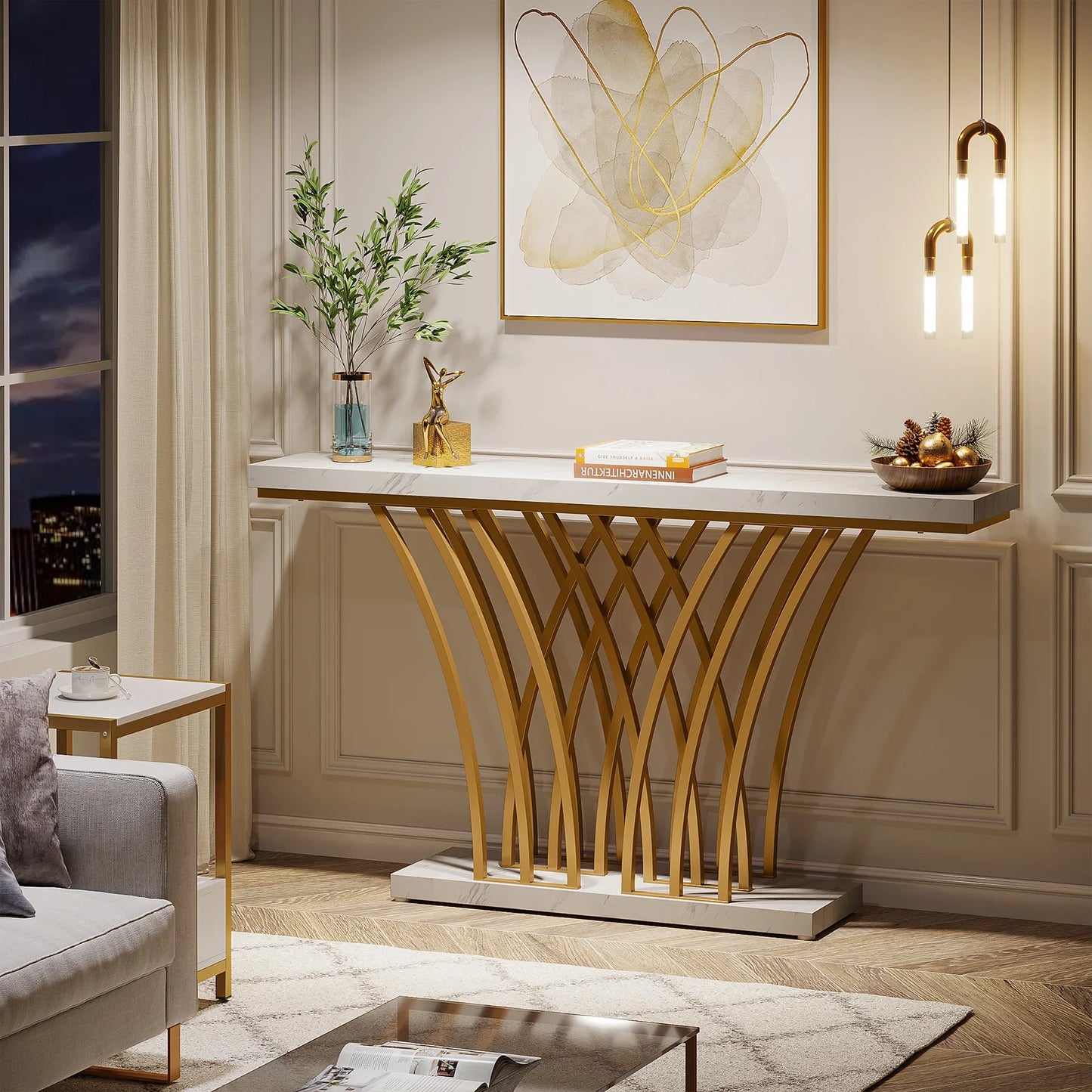 Tribesigns 59 inch Gold Console Table, Modern Entryway Table with Grid-Shaped Metal Base for Entrance, Hallway, Entryway