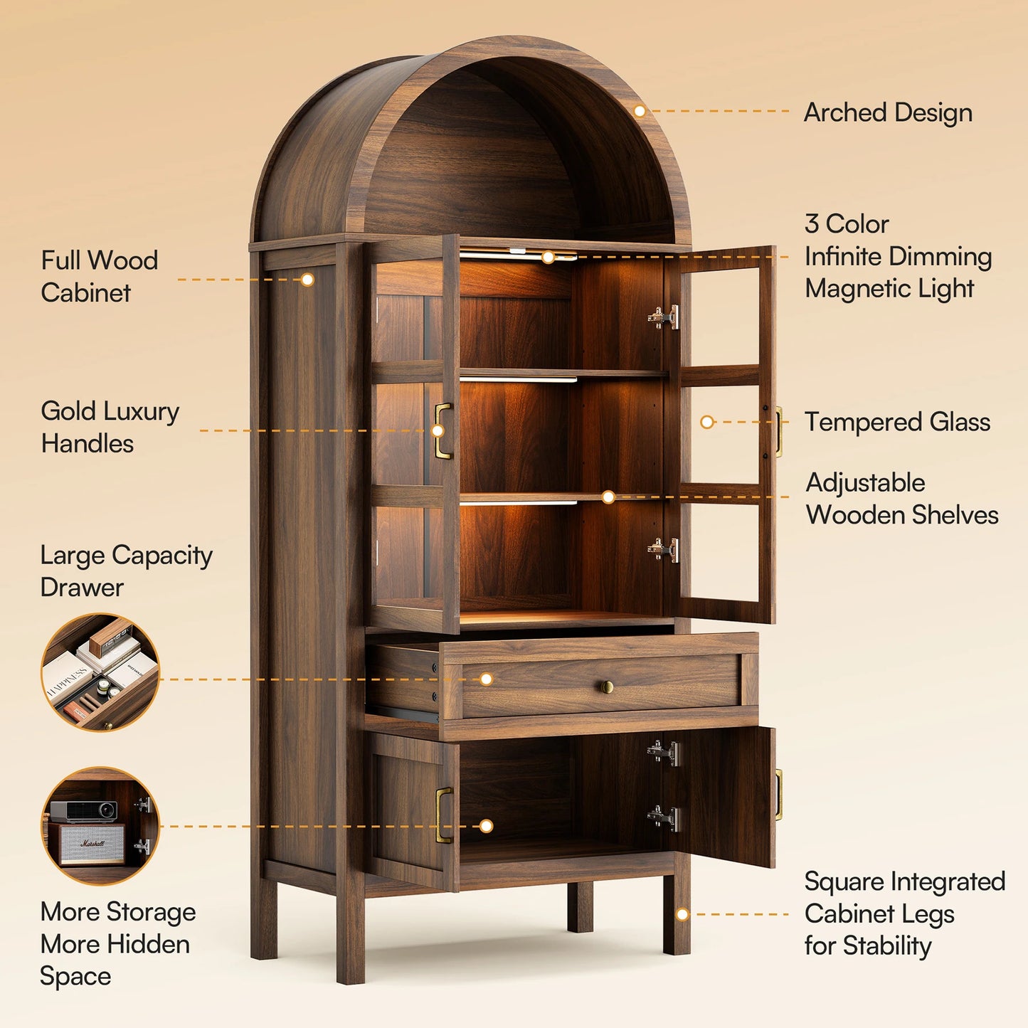 Cottinch Arched Wood Bookcase With Adjustable Shelves And Dimmable LED Lights