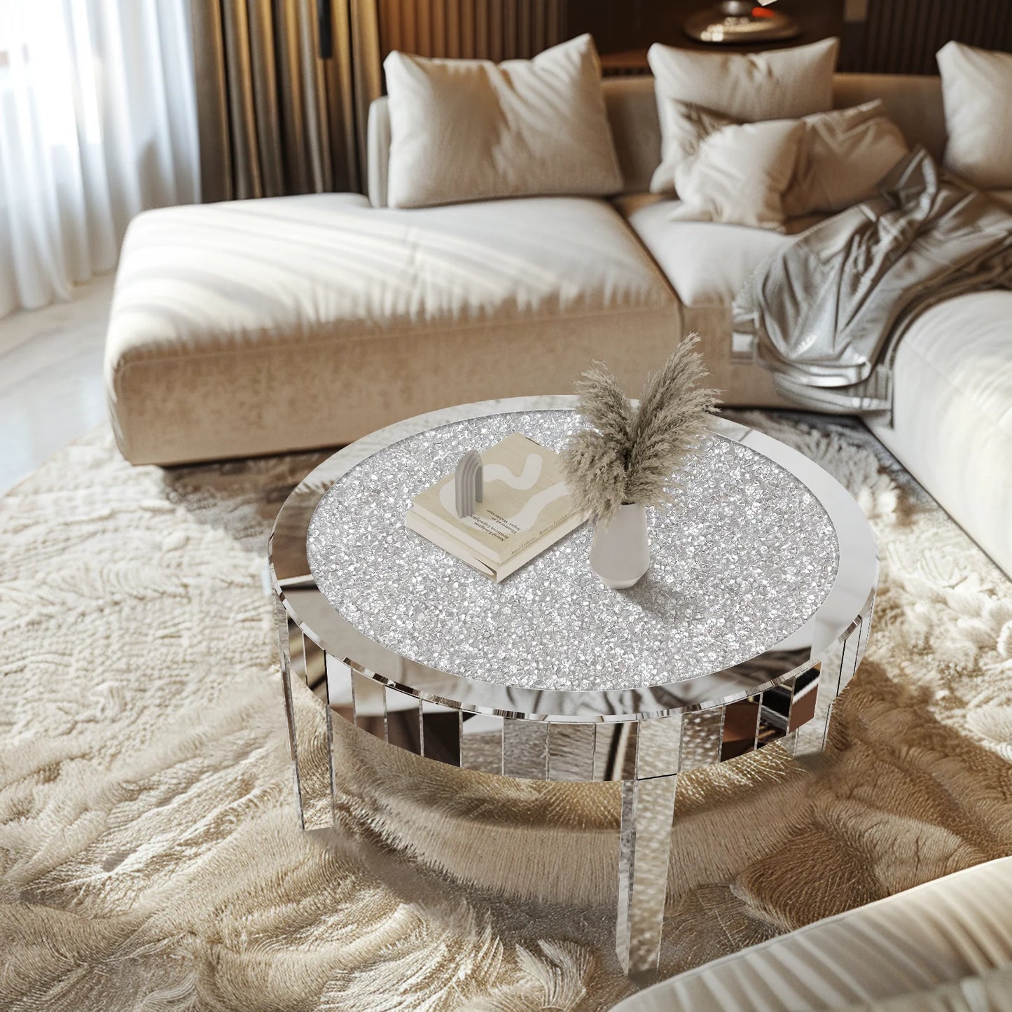 Mirrored Coffee Table With Crystal Inlay Modern Glass Surface