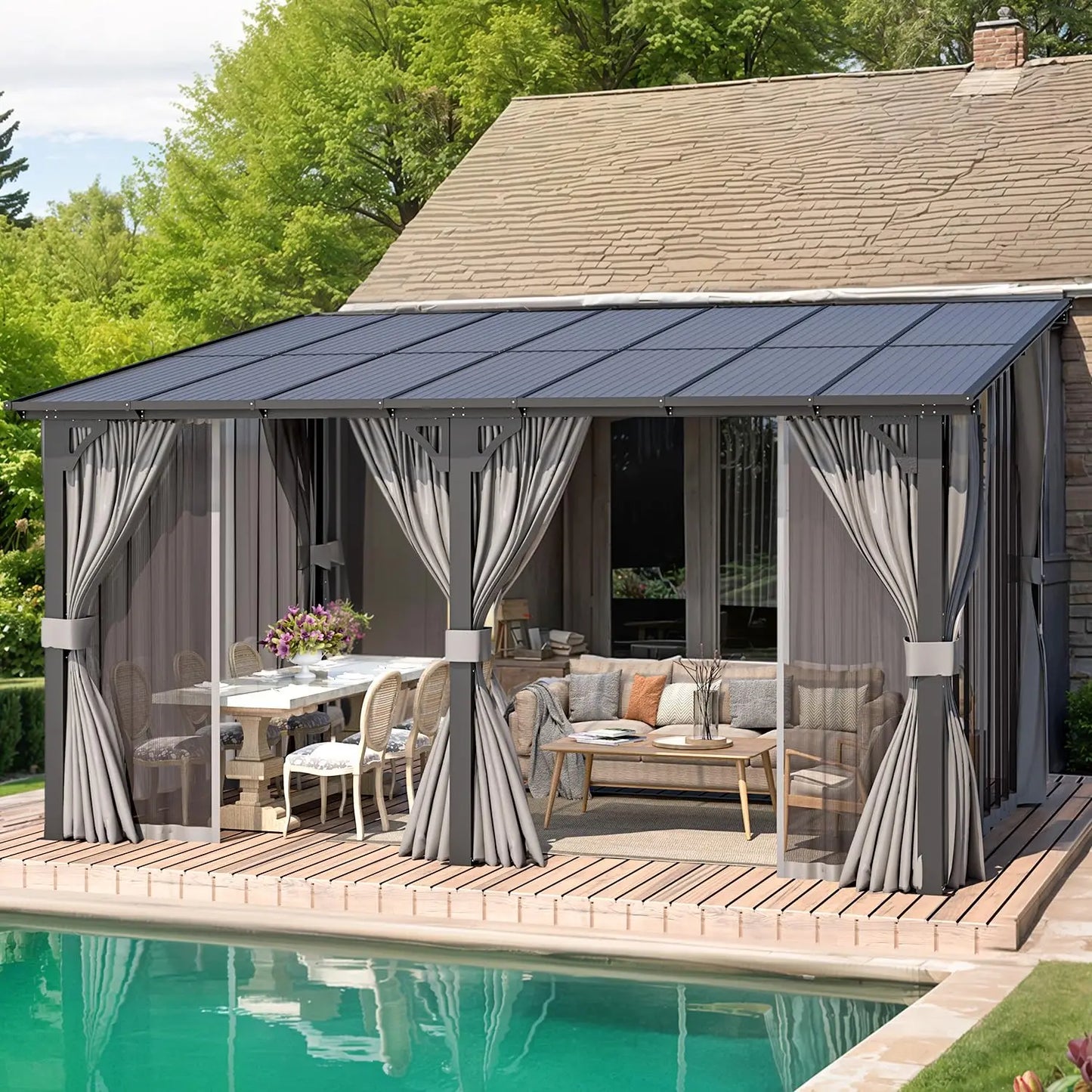 Lean To Hardtop Gazebo Curtains And Netting Wall Outdoor Shelter