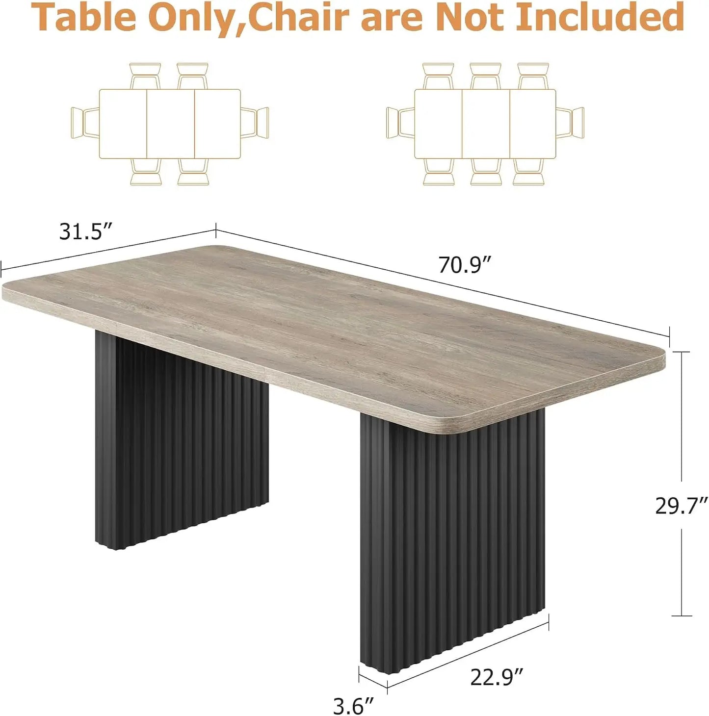 Modern Dining Table for 6-8, 71" Rectangular Farmhouse Kitchen Table with 3.6"×22.9" Black Fluted Wave Metal Legs & Wooden Top, Large Dining Table for Home Office, Dining