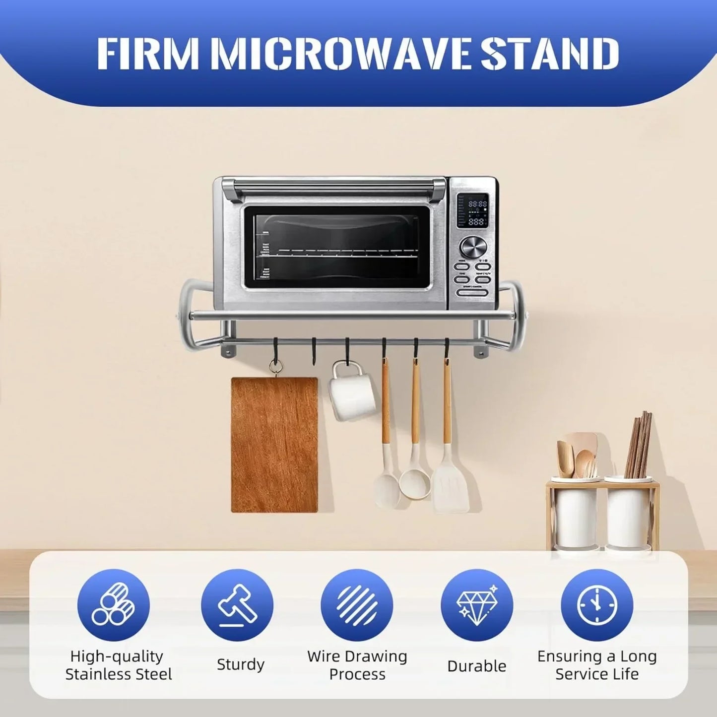 Stainless Steel Wall Mount Utensil Shelf With 6 Hooks