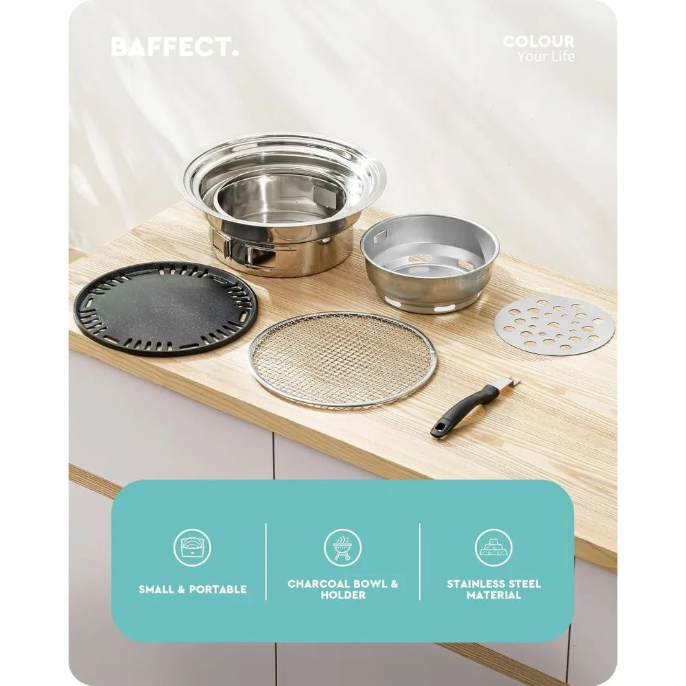 13.7 Inch Non-stick Stainless Steel Korean BBQ Grill Portable Charcoal Stove for Outdoor Camping Picnic Indoor Party Cooking