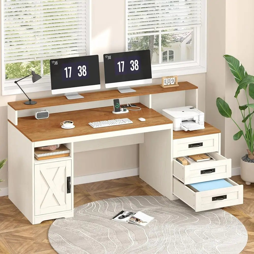 Computer Desk With Drawers Power Outlets Storage Cabinet Printer Stand